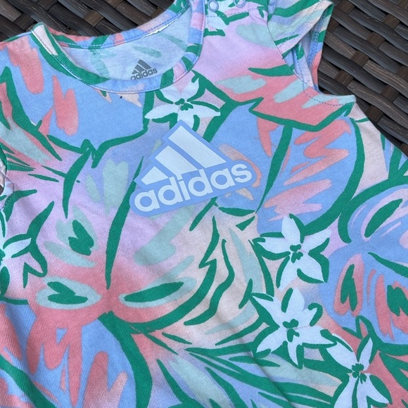 ADIDAS Infant Girls 3mo Logo Romper Short Sleeve Pastel Jungle Floral Cotton EUC - Picture 2 of 6